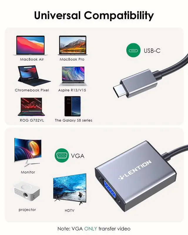 Alt view image 2 of 5 - LENTION USB C to VGA Cable Adapter,Type C to VGA Monitor Converter Compatible 2023-2016 MacBook Pro 13/15/16,New Mac/MacBook Air/Surface,iPad Chromebook,Galaxy,Dell XPS,Phone,More(1080VGA,Space Gray)
