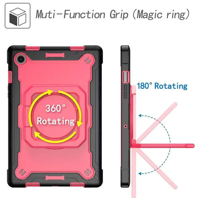 Alt view image 2 of 5 - Dteck for Samsung Galaxy Tab A8 (SM-X200) Tablet Case 10.5" 2022 Release, Shockproof Rugged Hard Case for Kids with Rotate Handle and Kickstand, Protective Cute Cover with Shoulder Strap, Rose/Black