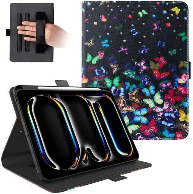 Main image of Dteck for iPad Pro 11-Inch M4 Folio Case 2024 Model, PU Leather Cute Case with Adjustable Stand Angles/Auto Sleep Wake, Pencil Holder/Hand Strap, Protective Lightweight Slim Cover, Colorful Butterfly