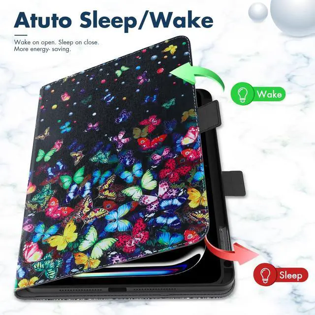 Alt view image 2 of 5 - Dteck for iPad Pro 11-Inch M4 Folio Case 2024 Model, PU Leather Cute Case with Adjustable Stand Angles/Auto Sleep Wake, Pencil Holder/Hand Strap, Protective Lightweight Slim Cover, Colorful Butterfly