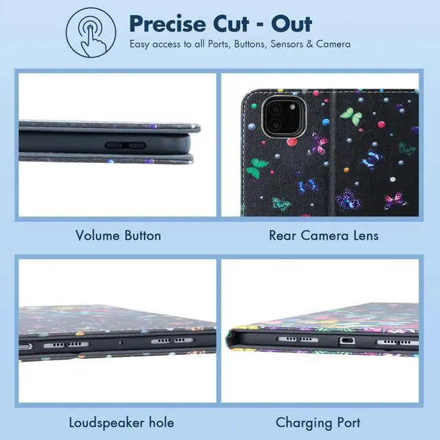 Alt view image 4 of 5 - Dteck for iPad Pro 11-Inch M4 Folio Case 2024 Model, PU Leather Cute Case with Adjustable Stand Angles/Auto Sleep Wake, Pencil Holder/Hand Strap, Protective Lightweight Slim Cover, Colorful Butterfly