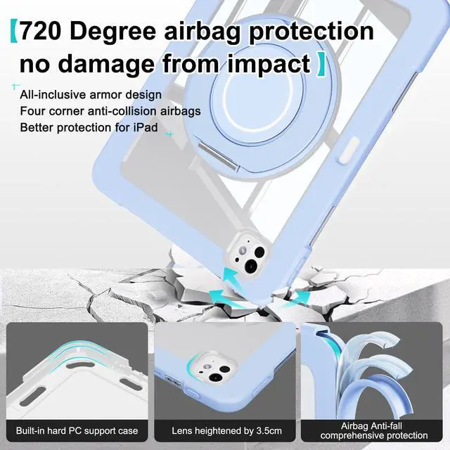 Alt view image 3 of 5 - Dteck for iPad Pro 11-Inch (M4) Clear Case 2024 with Foldable 360 Degree Rotating Kickstand Handle, Shock Absorbing Protective Hard Shell Cover, Shockproof Sturdy Tablet Case for Kids Women Men, Blue