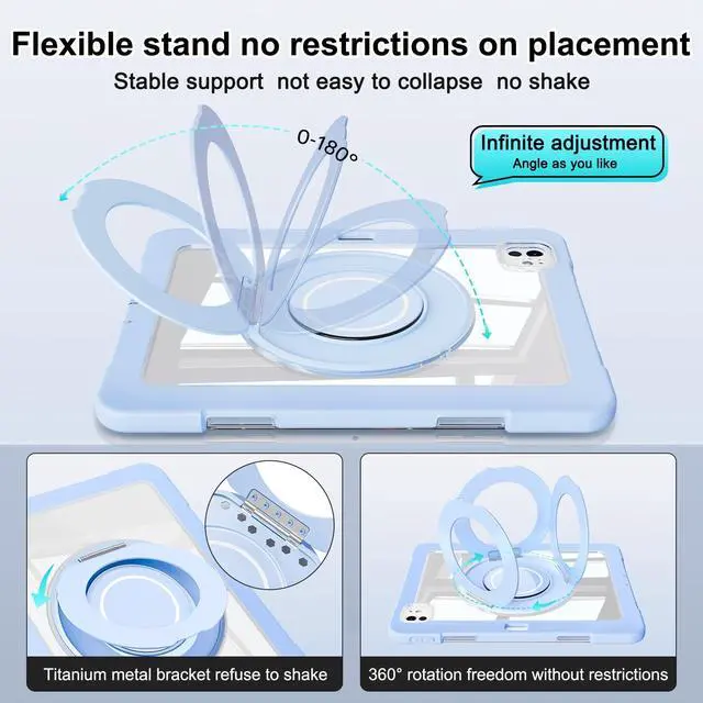 Alt view image 4 of 5 - Dteck for iPad Pro 11-Inch (M4) Clear Case 2024 with Foldable 360 Degree Rotating Kickstand Handle, Shock Absorbing Protective Hard Shell Cover, Shockproof Sturdy Tablet Case for Kids Women Men, Blue