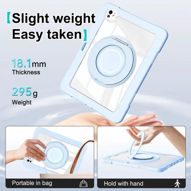 Alt view image 5 of 5 - Dteck for iPad Pro 11-Inch (M4) Clear Case 2024 with Foldable 360 Degree Rotating Kickstand Handle, Shock Absorbing Protective Hard Shell Cover, Shockproof Sturdy Tablet Case for Kids Women Men, Blue