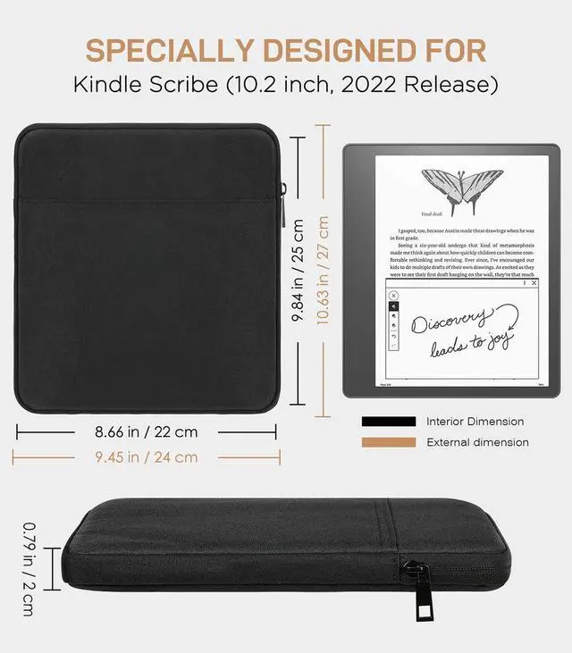 Alt view image 2 of 5 - Moko Kindle Sleeve Compatible with Kindle Scribe 10.2 inch (2024 and 2022 Release), Protective Pouch Bag Case Cover with Dual Pockets and Pen Holder, Scratch-Resistant Soft Fluffy Lining, Black