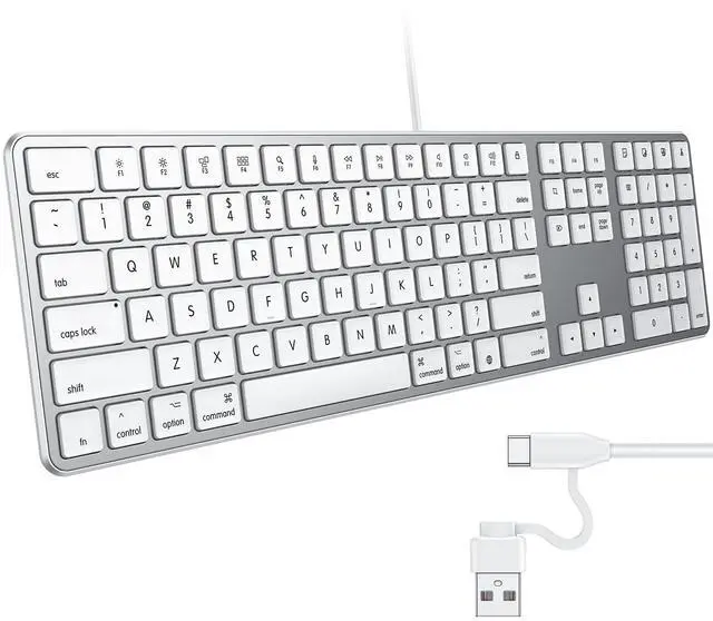 Main image of OMOTON Wired Keyboard Compatible with Mac, Dual Interface (USB and Type-C) Compatible with MacBook Pro/Air, iMac, Mac mini/Pro Laptop, Full-Size Keyboard with Numeric Keypad, Silver