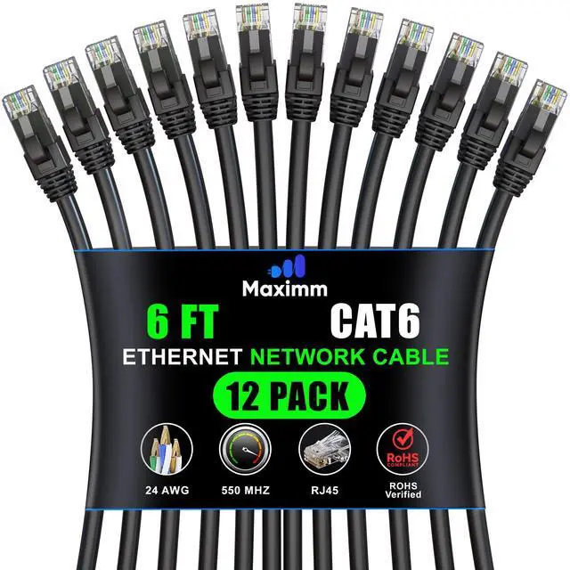 Main image of Maximm Cat 6 Ethernet Cable 6 Ft, (12-Pack) Cat6 Cable, LAN Cable, Internet Cable, Patch Cable and Network Cable - UTP (Black) 6 Feet ethernet Cord