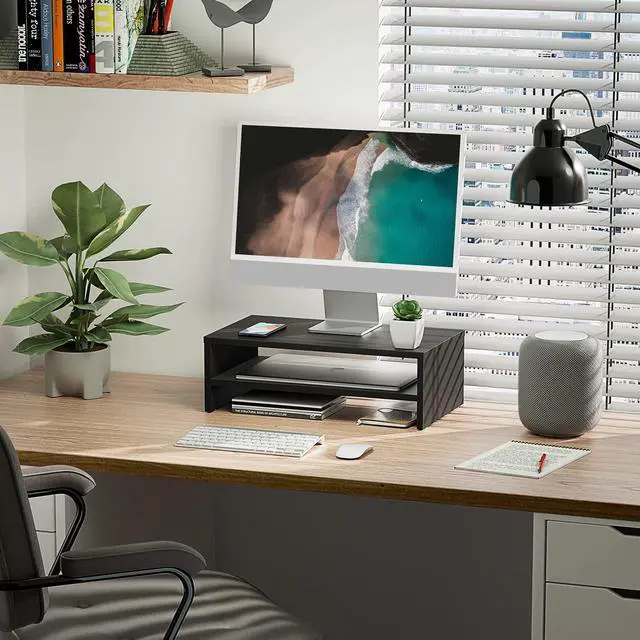 Alt view image 2 of 5 - FITUEYES Monitor Stand - 2 Tier Computer Monitor Riser with 16.7 Inch Shelf, Wood Desktop Stand for Laptop Computer Screen, Desk Organization, Office Supplies