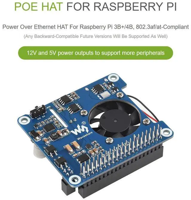 Alt view image 3 of 5 - Waveshare POE HAT Type C, Compatible with Raspberry Pi 3B+/4B, 802.3af/at Power-Sourcing Equipment Required, 12V and 5V Power Outputs to Support More Peripherals