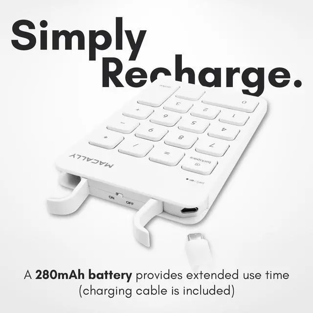 Alt view image 5 of 5 - Macally Bluetooth Number Pad for Laptop, Apple, Mac, iMac, MacBook Pro/Air, Ipad, Windows PC, Tablet, or Desktop Computer - Rechargeable 18 Key Wireless Numeric Keypad - White Bluetooth 10 Key Numpad