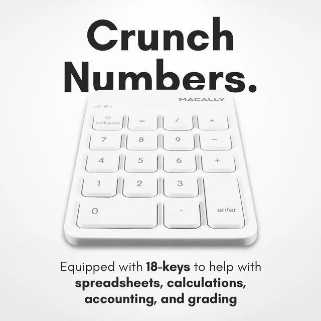 Alt view image 3 of 5 - Macally Bluetooth Number Pad for Laptop, Apple, Mac, iMac, MacBook Pro/Air, Ipad, Windows PC, Tablet, or Desktop Computer - Rechargeable 18 Key Wireless Numeric Keypad - White Bluetooth 10 Key Numpad