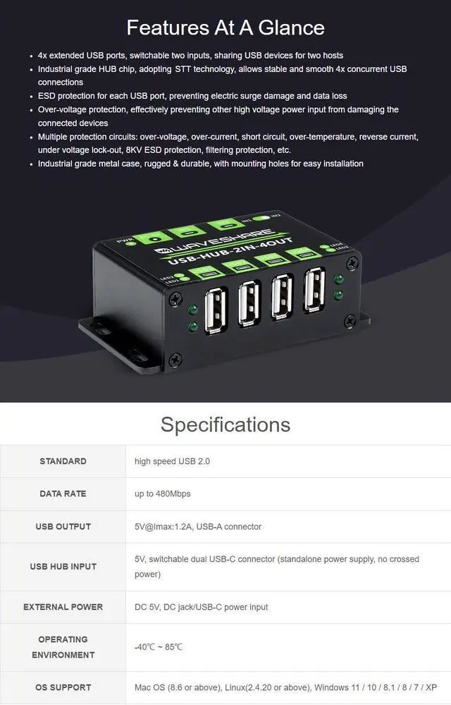 Alt view image 4 of 5 - Waveshare Industrial Grade USB HUB Extending 4X USB 2.0 Ports Switchable Dual Hosts Sharing USB Devices for Two Hosts
