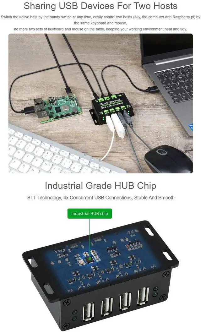 Alt view image 5 of 5 - Waveshare Industrial Grade USB HUB Extending 4X USB 2.0 Ports Switchable Dual Hosts Sharing USB Devices for Two Hosts