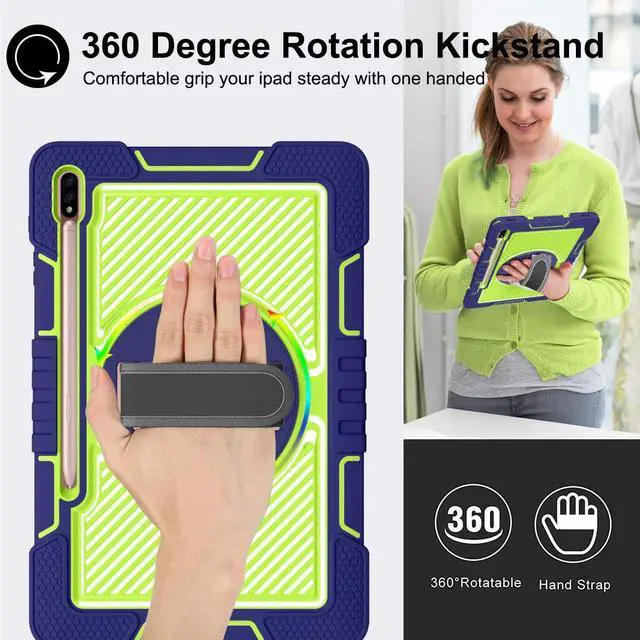 Alt view image 2 of 5 - Galaxy Tab S8 Plus/S7 FE 5G/S7 Plus Case for Kids - 360 Rotating Kickstand, Handle Strap, Rugged Protective With Pen Holder for Samsung Tablet 12.4 Inch - Navy+Green