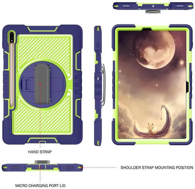 Alt view image 4 of 5 - Galaxy Tab S8 Plus/S7 FE 5G/S7 Plus Case for Kids - 360 Rotating Kickstand, Handle Strap, Rugged Protective With Pen Holder for Samsung Tablet 12.4 Inch - Navy+Green