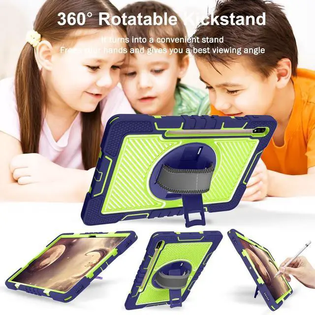 Alt view image 3 of 5 - Galaxy Tab S8 Plus/S7 FE 5G/S7 Plus Case for Kids - 360 Rotating Kickstand, Handle Strap, Rugged Protective With Pen Holder for Samsung Tablet 12.4 Inch - Navy+Green