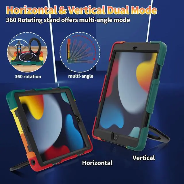 Alt view image 2 of 5 - ROISKIN for iPad 10.2 Case 9th 8th 7th Generation with Screen Protector [15ft Drop Protection], 360 Rotating Kickstand Shoulder Strap Hand Grip Pencil Holder Kids Case for iPad 10.2 inch Case