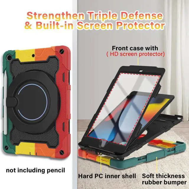 Alt view image 4 of 5 - ROISKIN for iPad 10.2 Case 9th 8th 7th Generation with Screen Protector [15ft Drop Protection], 360 Rotating Kickstand Shoulder Strap Hand Grip Pencil Holder Kids Case for iPad 10.2 inch Case