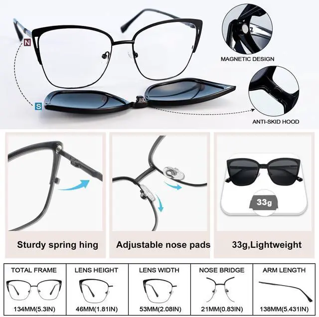 Alt view image 3 of 5 - OCCI CHIARI UV Blue Light Glasses for Women Magnetic Polarized Sunglasses Cat Eye Black Eyeglasses