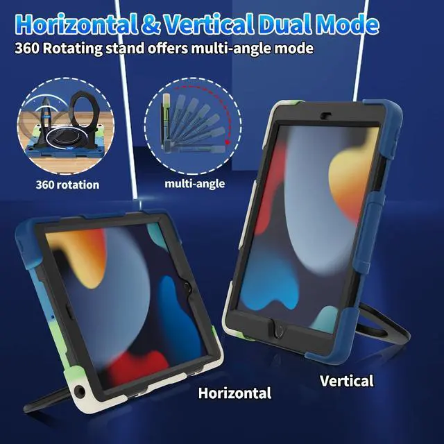 Alt view image 2 of 5 - ROISKIN for iPad 10.2 Case 9th 8th 7th Generation with Screen Protector [15ft Drop Protection], 360 Rotating Kickstand Shoulder Strap Hand Grip Pencil Holder Kids Case for iPad 10.2 inch Case