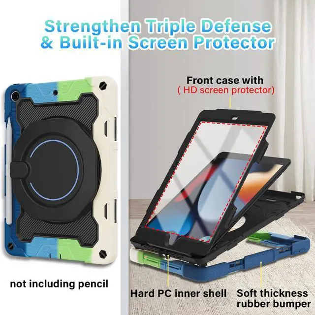 Alt view image 4 of 5 - ROISKIN for iPad 10.2 Case 9th 8th 7th Generation with Screen Protector [15ft Drop Protection], 360 Rotating Kickstand Shoulder Strap Hand Grip Pencil Holder Kids Case for iPad 10.2 inch Case