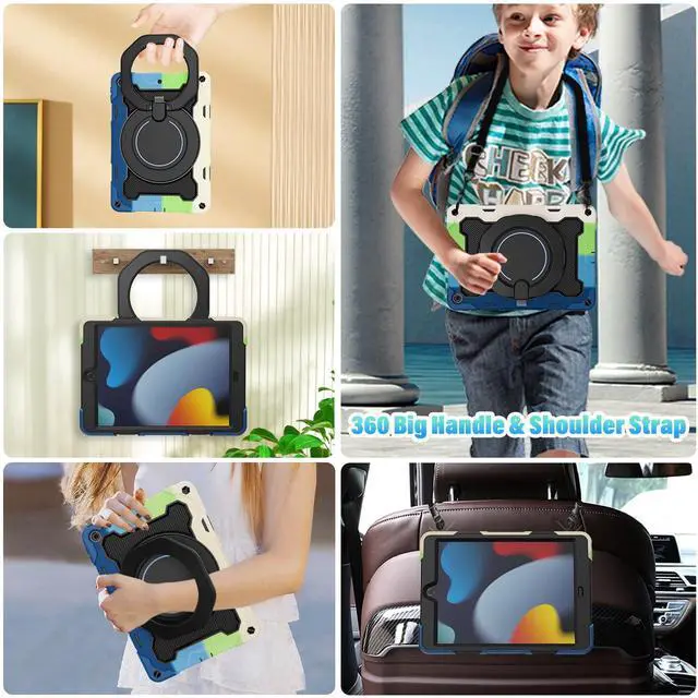 Alt view image 3 of 5 - ROISKIN for iPad 10.2 Case 9th 8th 7th Generation with Screen Protector [15ft Drop Protection], 360 Rotating Kickstand Shoulder Strap Hand Grip Pencil Holder Kids Case for iPad 10.2 inch Case