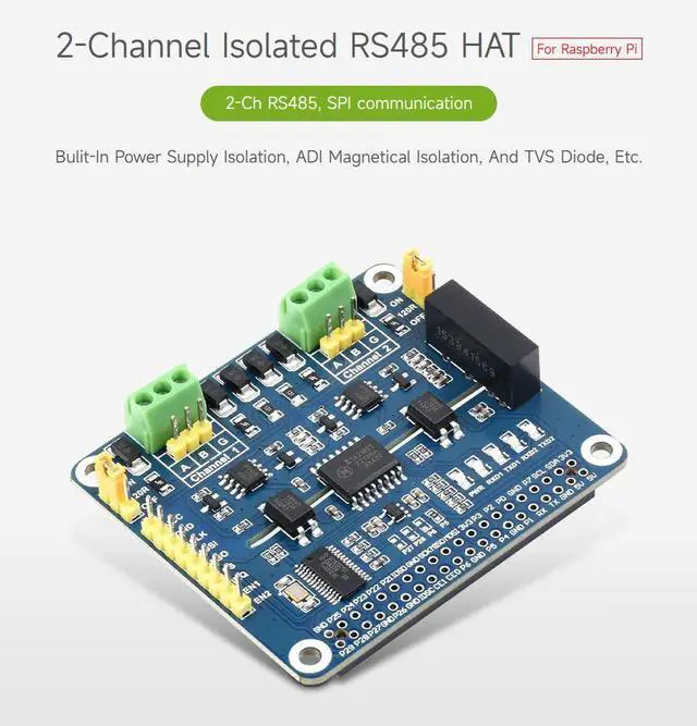 Alt view image 3 of 5 - Waveshare 2-Channel Isolated RS485 Expansion HAT, Compatible with Raspberry Pi 5/4B/3B/Zero/Zero W/Zero 2W/Pico/Pico W/Pico WH, SC16IS752+SP3485 Solution with Multi Onboard Protection Circuits