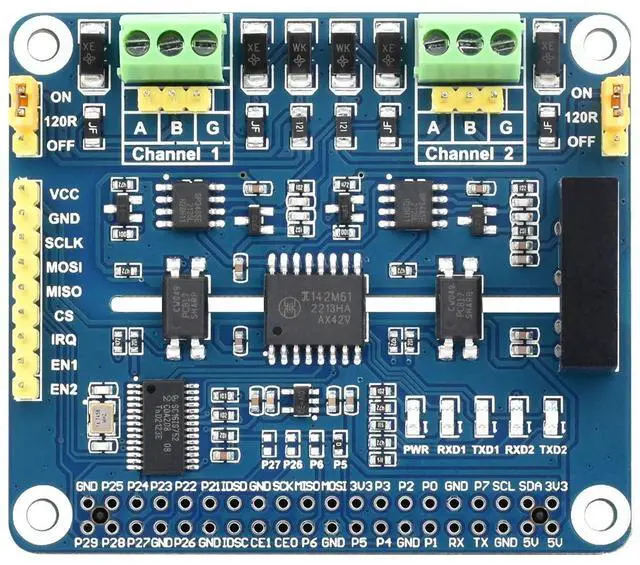 Main image of Waveshare 2-Channel Isolated RS485 Expansion HAT, Compatible with Raspberry Pi 5/4B/3B/Zero/Zero W/Zero 2W/Pico/Pico W/Pico WH, SC16IS752+SP3485 Solution with Multi Onboard Protection Circuits