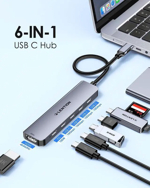 Alt view image 2 of 5 - LENTION 6-in-1 USB C Hub Dock with a 4K @60HZ HDMI Display, 4 XUSB-C 3.2 Gen 2, 10 Gbps, PD 100W Charging and for iPhone15 Series, New MacBook Pro, Mac Air, More (CE33, Space Gray)