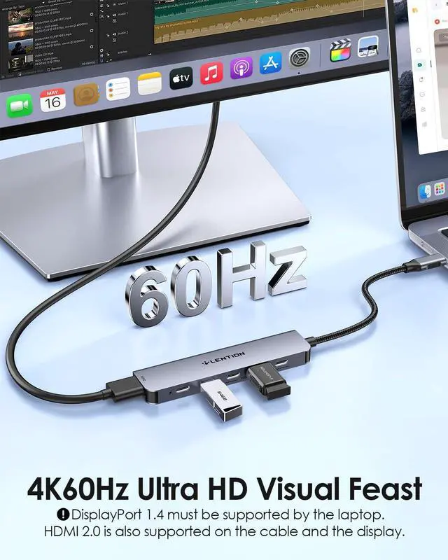 Alt view image 3 of 5 - LENTION 6-in-1 USB C Hub Dock with a 4K @60HZ HDMI Display, 4 XUSB-C 3.2 Gen 2, 10 Gbps, PD 100W Charging and for iPhone15 Series, New MacBook Pro, Mac Air, More (CE33, Space Gray)