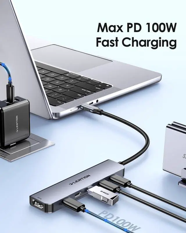 Alt view image 5 of 5 - LENTION 6-in-1 USB C Hub Dock with a 4K @60HZ HDMI Display, 4 XUSB-C 3.2 Gen 2, 10 Gbps, PD 100W Charging and for iPhone15 Series, New MacBook Pro, Mac Air, More (CE33, Space Gray)