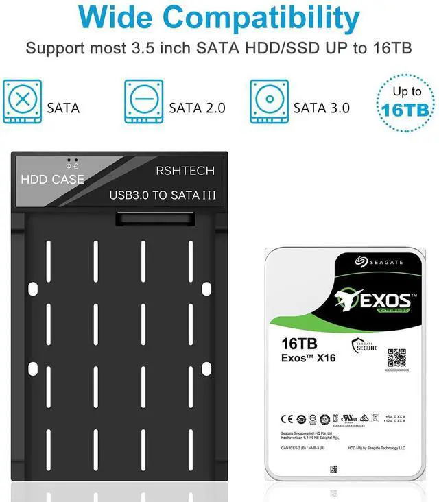 Alt view image 4 of 5 - Hard Drive Enclosure, RSHTECH USB 3.0 to SATA External Hard Drive Docking Station for 3.5 inch SATA I/II/III HDD SSD Up to 16TB Support UASP (Black)