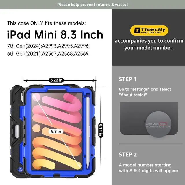 Alt view image 2 of 5 - Timecity Case for iPad Mini 7 (A17 Pro) 2024/ Mini 6 2021 8.3 inch, Full-Body Drop Protection Case with Screen Protector Pencil Holder&Rotating Stand Hand Strap for iPad Mini 7th/6th Gen-Dark Blue