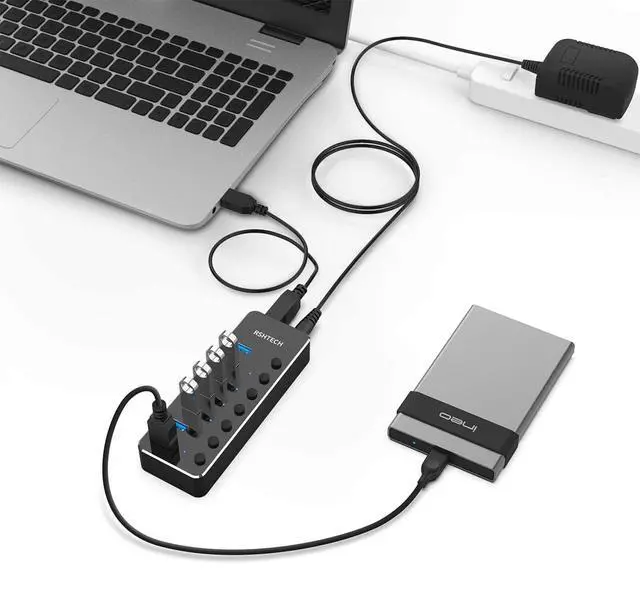 Alt view image 3 of 5 - USB 3.0 Hub, RSHTECH 7 Port Powered USB Hub Expander Aluminum USB 3.0 Data Port hub with Universal 5V AC Adapter and Individual On/Off Switches USB Splitter for Laptop and PC(Black)