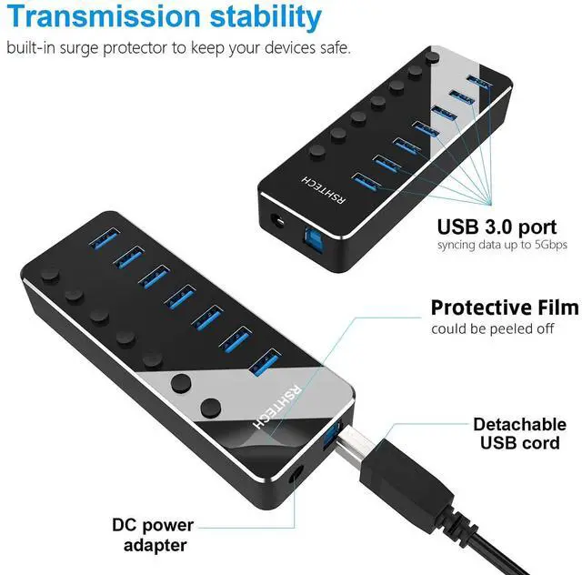 Alt view image 5 of 5 - USB 3.0 Hub, RSHTECH 7 Port Powered USB Hub Expander Aluminum USB 3.0 Data Port hub with Universal 5V AC Adapter and Individual On/Off Switches USB Splitter for Laptop and PC(Black)