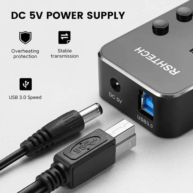 Alt view image 4 of 5 - USB 3.0 Hub, RSHTECH 7 Port Powered USB Hub Expander Aluminum USB 3.0 Data Port hub with Universal 5V AC Adapter and Individual On/Off Switches USB Splitter for Laptop and PC(Black)