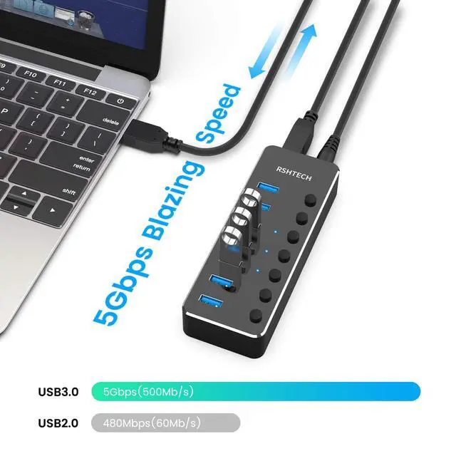 Alt view image 2 of 5 - USB 3.0 Hub, RSHTECH 7 Port Powered USB Hub Expander Aluminum USB 3.0 Data Port hub with Universal 5V AC Adapter and Individual On/Off Switches USB Splitter for Laptop and PC(Black)