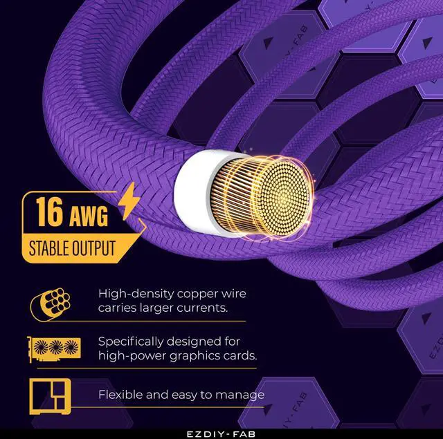 Alt view image 3 of 5 - EZDIY-FAB 16AWG PCI-e 5.0 12VHPWR PSU Sleeved Cable, 600W 12+4 Pin Male to 12+4 Pin Male Cable for RTX4070Ti Super, 4080 Super, 4090, 60cm/23.62in-Purple Green
