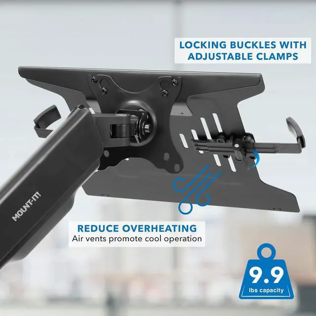 Alt view image 4 of 5 - Mount-It! Laptop VESA Mount Tray for VESA Monitor Arms and Stands | Steel Tray with Ventilation and Adjustable Clamps for Notebooks Up to 16.5" Width, Attaches to Monitor Stand 75mm & 100mm VESA