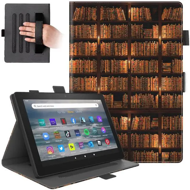 Main image of Dteck Folio Case for All-New Kindle Fire HD 10 & Fire HD 10 Plus Tablet 11th Generation 10.1" 2021 Release,Shockproof Protective PU Leather Case with Hand Strap Smart Stand Magnetic Cover,Bookshelf