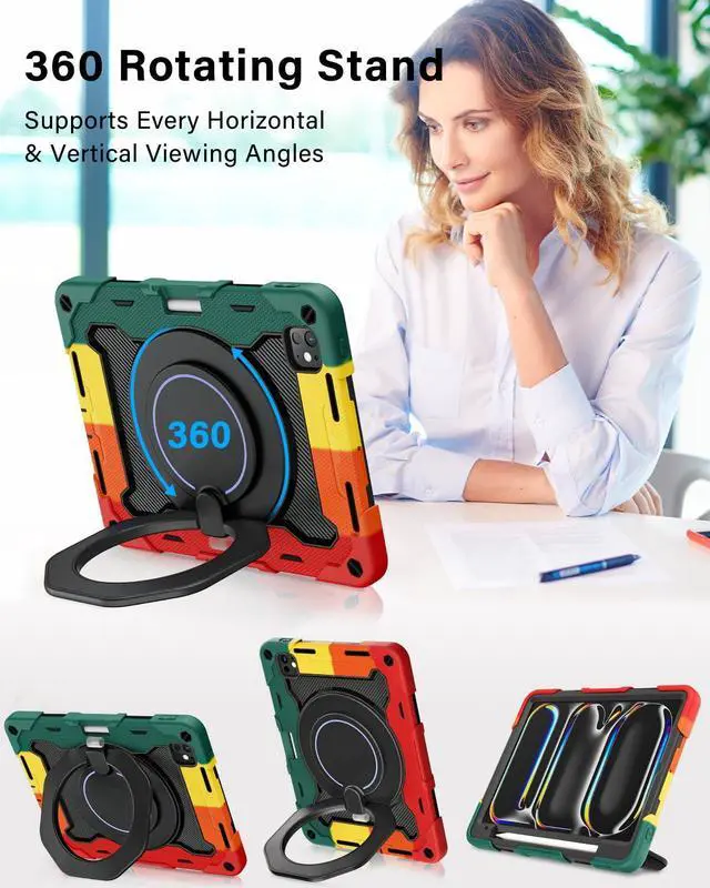 Alt view image 2 of 5 - ROISKIN Case for iPad Pro 11 Inch M4 5th Generation for Kids with 360 Swivel Handle & Stand,HD Screen Protector,Shoulder Strap,Pen Holder,Heavy Duty Military Shockproof Case