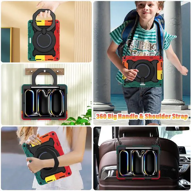 Alt view image 3 of 5 - ROISKIN Case for iPad Pro 11 Inch M4 5th Generation for Kids with 360 Swivel Handle & Stand,HD Screen Protector,Shoulder Strap,Pen Holder,Heavy Duty Military Shockproof Case