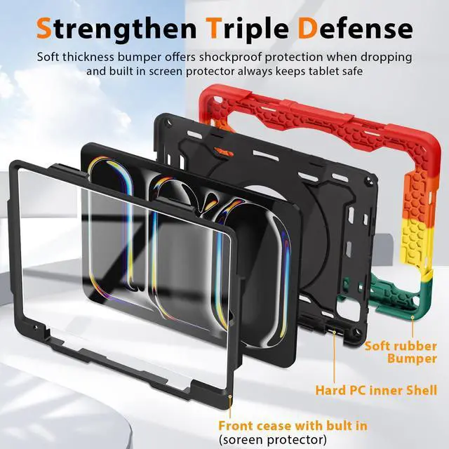 Alt view image 4 of 5 - ROISKIN Case for iPad Pro 11 Inch M4 5th Generation for Kids with 360 Swivel Handle & Stand,HD Screen Protector,Shoulder Strap,Pen Holder,Heavy Duty Military Shockproof Case