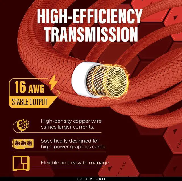 Alt view image 3 of 5 - EZDIY-FAB 16AWG PCI-e 5.0 12VHPWR PSU Sleeved Cable, 600W 12+4 Pin Male to 12+4 Pin Male Cable for RTX 3090Ti/4070Ti/4080/4090, 60cm/23.62in-Red Yellow