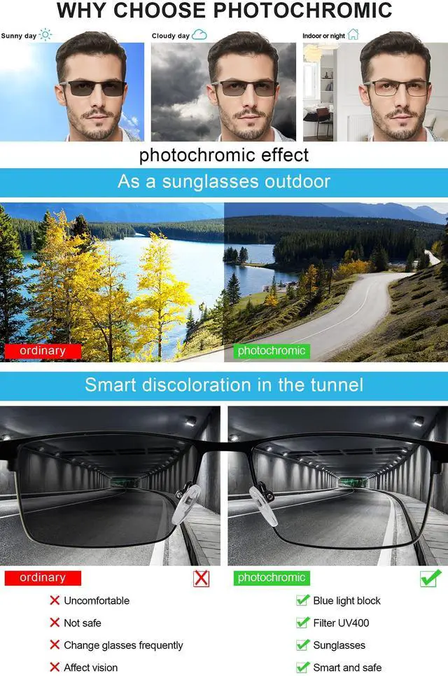 Alt view image 4 of 5 - OCCI CHIARI Men's Photochromic Blue Light Blocking Glasses Driving sunglasses UV Protection Outdoor Fishing Running Computer Eyewear (Black)