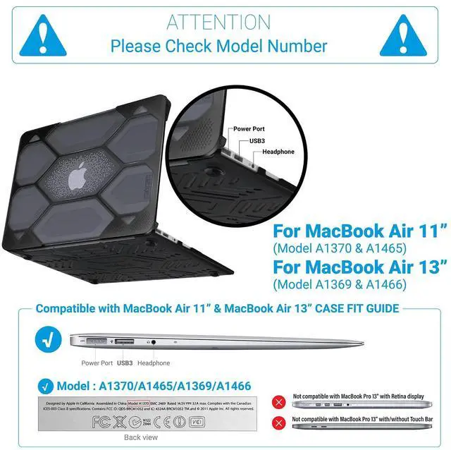 Alt view image 2 of 5 - IBENZER Compatible with MacBook Air 11 Inch Case A1370 A1465, Heavy Duty Protective Hard Shell Case Cover for Apple Laptop Mac Air 11, Black, HA11CYBK