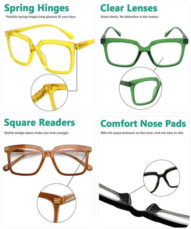 Alt view image 5 of 5 - Eyekepper 5 Pack Square Reading Glasses for Women Large Frame Readers Include 2 Pairs Green +4.00