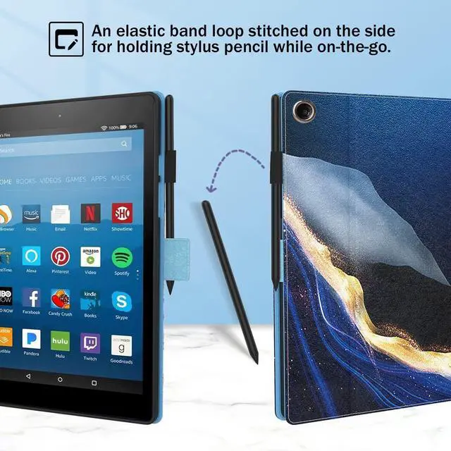 Alt view image 4 of 5 - Dteck for Fire HD 8 Tablet Case (8th/7th/6th Generation-2018/2017/2016 Release) 8", Slim Folio Case with Auto Sleep Wake & Stand Function, with Hand Strap, Protective PU Leather Cute Cover, Gold Blue