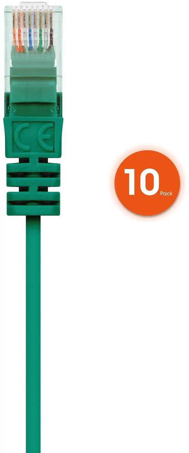 Alt view image 3 of 5 - Intellinet Slim Cat6 Ethernet Network Patch Cable - 10-Pack - 10Gbps & 250MHz, Snagless Boot, 30AWG Pure Bare Copper Wire, Gold-Plated Contacts, Lifetime Mfg Warranty - 7ft, 10 Pack, Green