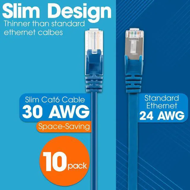 Alt view image 2 of 5 - Intellinet Slim Cat6 Ethernet Network Patch Cable - 10-Pack - 10Gbps & 250MHz, Snagless Boot, 30AWG Pure Bare Copper Wire, Gold-Plated Contacts, Lifetime Mfg Warranty - 7ft, 10 Pack, Blue